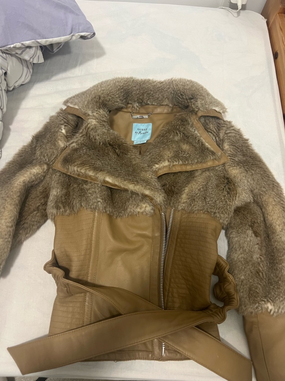 Guess by Marciano Brown Faux Fur-Trim Belted Leather Jacket